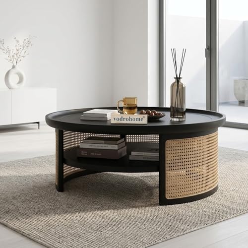 Image of Rattan Coffee Table - Cane Center Table with Shelf for Storage - Bohemian Solid Mango Wood Coffee Table for Office and Living Room C#042 (Matte Black)