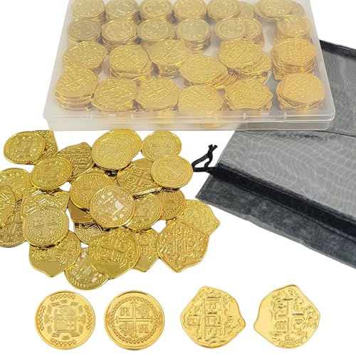 AiFanS 144 Pcs Fake Gold Coins - Plastic Pirate Gold Coins for Kids - Perfect for Pirate Themed Parties, Games, and Treasure Hunts(4 Pattern)