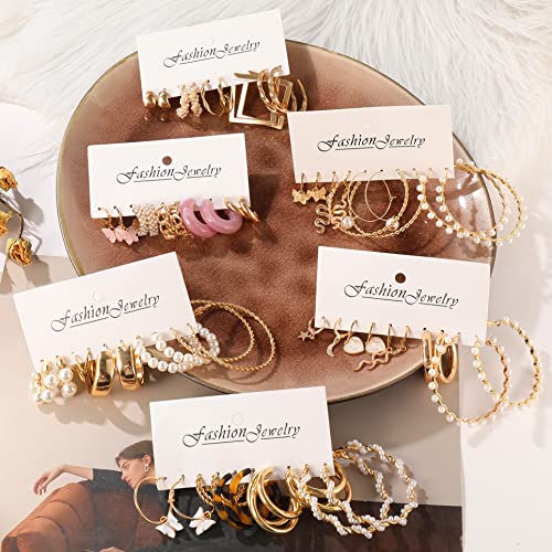 30 Pairs Gold Hoop Earrings Set For Women Girls, Fashion Hoop Stud Drop Dangle Earrings Boho Statement Paperclip Hypoallergenic Earrings For Christmas Jewelry Gift #TOP3