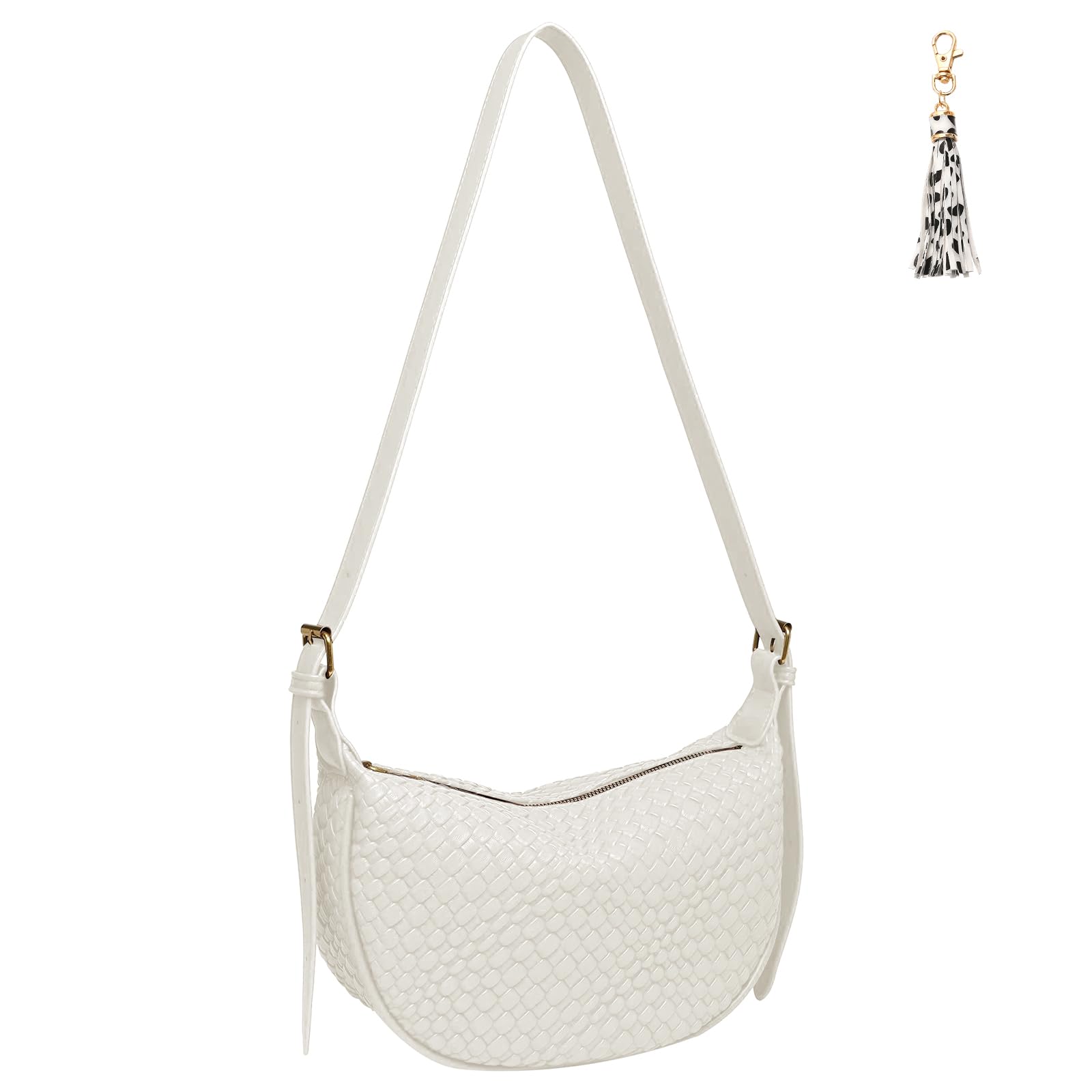 Crescent Crossbody Bags for Women Small Shoulder Bag Woven Hobo Handbag Trendy Vegan Leather Purse with Adjustable Strap White