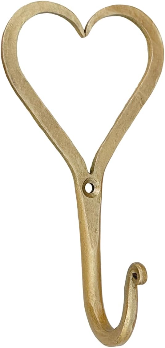 Living Ideas Hand Forged Heart Hook Wrought Iron Handmade Rustic Wall Hook for Towel, Plant & Mug Blacksmith Farmhouse Bathroom Coat Hook Rack Antique Brass Heavy Duty Kitchen Utensils Gold Hooks