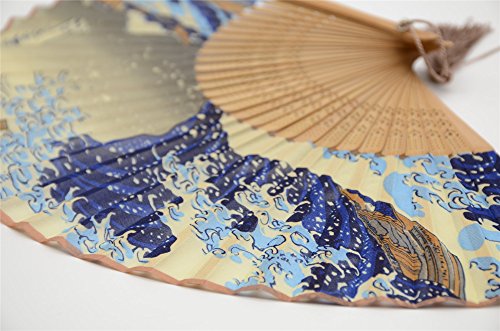 Omytea® Landscape 8.27"(21Cm) Folding Hand Held Fan - With A Fabric Sleeve For Protection For Gifts - Japanese Vintage Retro Style (Kanagawa Sea Waves) #TOP3