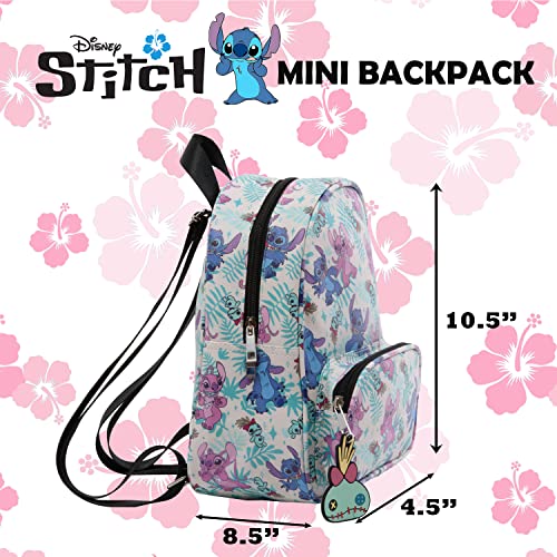 Disney Stitch & Angel Mini Backpack With Allover Print & Molded Scrump Dangle, 10.5 Inches, Adjustable Straps, Faux Leather #TOP4