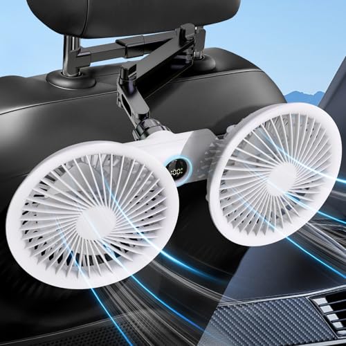 Ryzle 車載扇風機 充電式 後部座席 3600mAhバッテリー 車用ファン ツイン デュアルファン ヘッドレストファン 強力送風 360°角度調整 3段階風量 伸縮アーム付き 最大14時間 車せんぷうき 車載サーキュレーター 車内 空気循環 子供 ペット 熱中症 車中泊 暑さ対策 軽自動車 SUV トラック RV ミニバン対応の商品画像（Amazon）