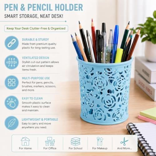 Image of Metal Mesh Pen Stand for Office & Home Desk | Black Stationery Holder Organizer for Pens, Pencils, Markers, Makeup Brushes | Durable Round Wire Mesh Pen Stand (Pack of 1) (Floral Sky Blue)