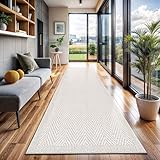 CAMILSON Indoor and Outdoor Runner Rug Off-White Herringbone Seagrass Boho Design Easy-Cleaning Non Shedding Fiber Living Room Bedroom Garden Patio and Kitchen Washable Outside Carpet Alfombras (2x7)