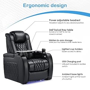 Home theater seating top grain leather recliner chair dual power movie gaming sofa electric headrest with tray table type c usb charge cup holders black  urban country home decor