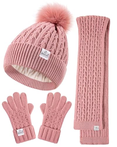 Kids Winter Hat Gloves Scarf Set,Girls Toddler Winter Hat Beanies with Pom Neck Warmer Gaiter Mittens Fleece Lined Set Christmas Gift for Kids（Pink）