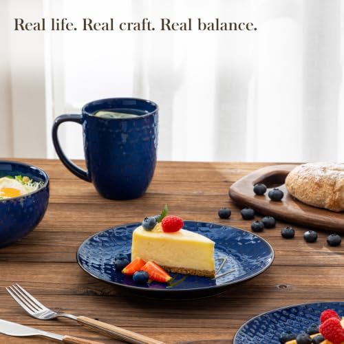 Image of MALACASA 16 Pieces Dinnerware Sets, Farmhouse Plates and Bowls Sets, Embossed Blue Dish Set for 4, Vintage Relief Ceramic Dish Set with Mugs, Microwave and Dishwasher Safe, Series LYDIA