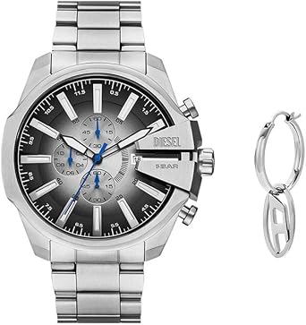 DIESEL Men's Mega Chief Slim Watch and Oval D Logo Earrings, Silver- Tone Stainless Steel, Set