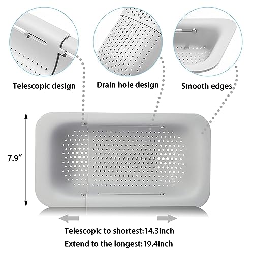 Image of KesaPlan Collapsible Sink Colanders and Strainers Basket Over the Colander Extendable Plastic Fruit Vegetable Strainer Drainer for Kitchen(Length 14.3-19.4inch)(White Set of 2)