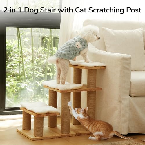 FUKUMARU Dog Stairs, Solid Wood Pet Stairs with Cat Scratching Post