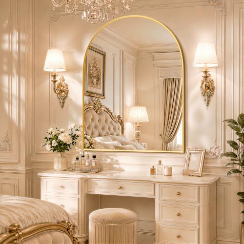 Image of 30 inchx38 inch Arched Black Bathroom Mirror - Metal Framed with HD Shatter-Proof Glass, Wall-Mounted for Over Sink, Entryway, Living Room, Bedroom