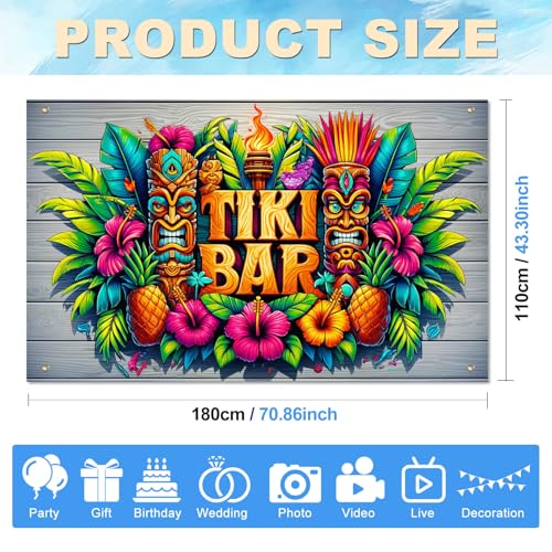 Image of BlissYard Luau Party Decorations Hawaiian Tiki Bar Banner 71 x 43 Inch Tiki Party Decorations Aloha Banner Luau Decor Tiki Bar Backdrop with Tiki Masks Flowers for Summer Beach Wall Decor