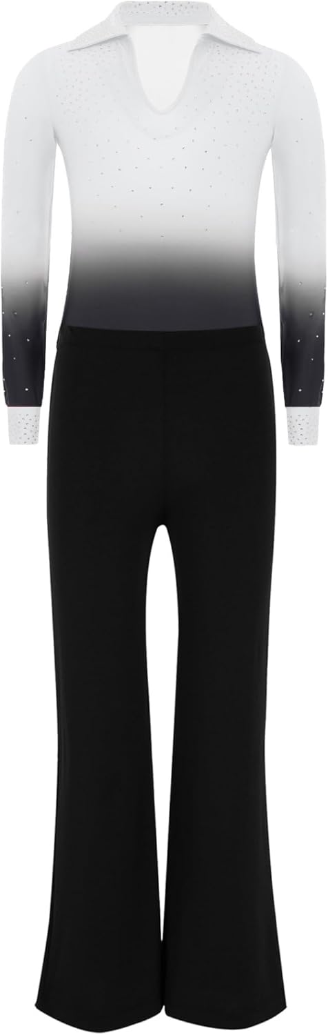 Jhaoyu Boys Gymnastics Dance Outfits 2pcs Sparkle Rhinestones Long Sleeve Gradient Leotard with Pants Set for Figure Skating
