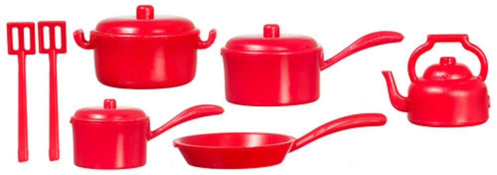 Town Square Miniatures Dolls House Miniature Kitchen Accessory Red Saucepan Pan Set 1:12 Cookware