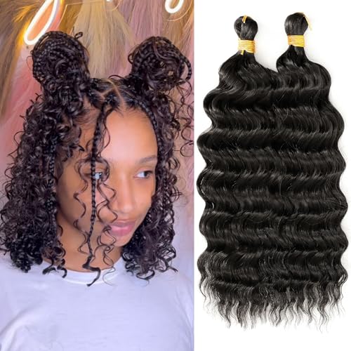 Eerya Long Curly Braiding Hair for Kids 12 Inch 2 Packs Deep Ocean Wave Crochet Hair for Black Women Deep Wave Braiding Hair for Boho Braids12 inch #1B