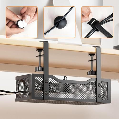 Image of Under Desk Cable Management Tray | Metal Mesh Cable Organizer with Clamp Mount | No Drill Wire Holder for Power Strip, Cord & Extension Board | Adjustable Desk Tray for Home & Office-Black