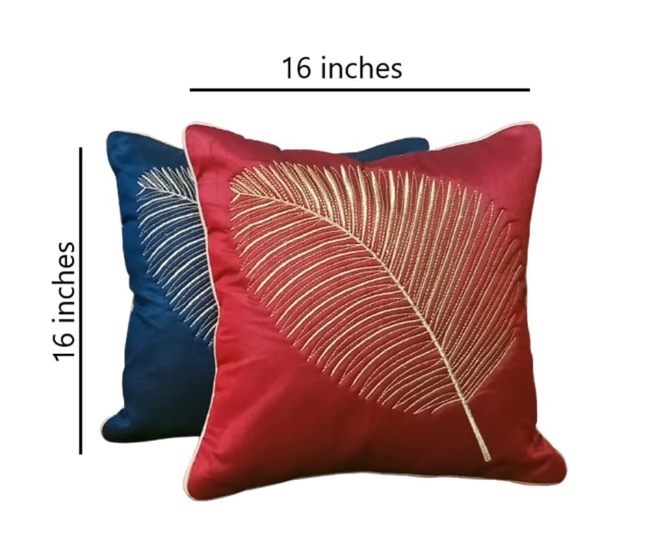 Image of Fab Nation Polyester Fabric Dark Blue & Red Combo Color Decorative Cushion Covers with Golden Zari Leaf Embroidered Set of 5 for Home Decor | Throw /Pillow Cover 16x16 inches for Bedroom Sofa