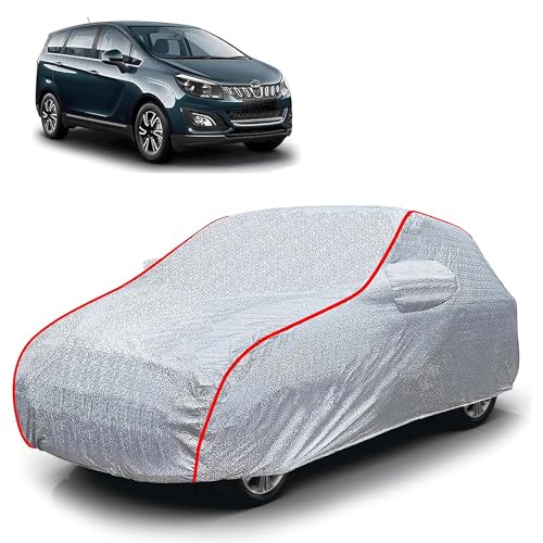 Image of Sulfar 100% Waterproof Car Body Cover Compatible with Mirror for Mahindra Marazzo (Triple Stitched, Full Bottom Elastic, Magic Silver with Red Piping)