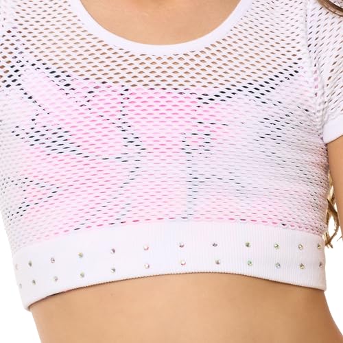 Image of Malibu Sugar Girls Mesh Crop Top Sparkling Rhinestone Dance Outfits for Girls - Short Sleeve Breathable Activewear Ages 7-14