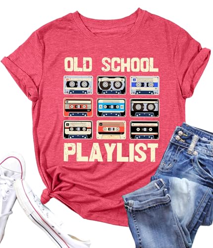 LAZYCHILD 80s Shirt for Women 90s Shirts: Old School Playlist T-Shirt Cassette Tape Graphic 80s Music Concert Tee Tops