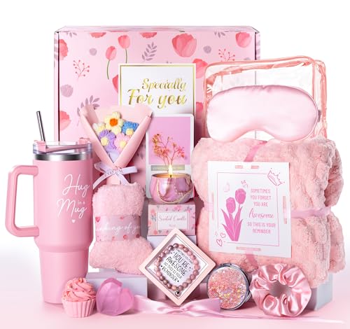 Aollewoiti 15 Pcs Get Well Soon Gift Baskets for Women Mothers Day & Birthday Gifts for Mom Wife Friend Care Package with Soft Blanket & Insulated Tumbler Pink