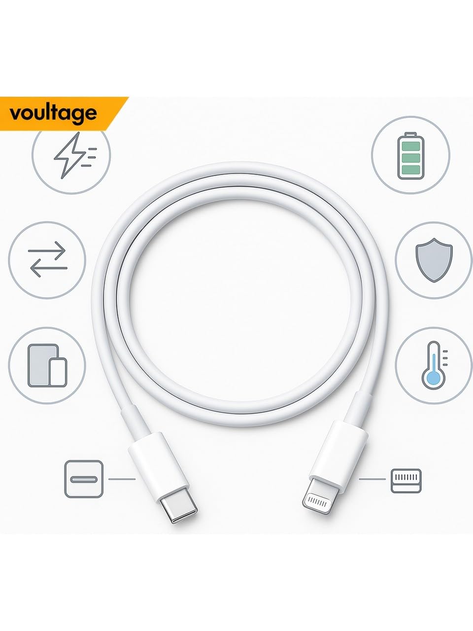 Voultage 20W Type-C To Lightning Hızlı Şarj ve Veri Kablosu - Beyaz (1 Metre) - İPhone 14, 13, 12, 11, İPad Uyumlu Esnek ve Dayanıklı Şarj Kablosu