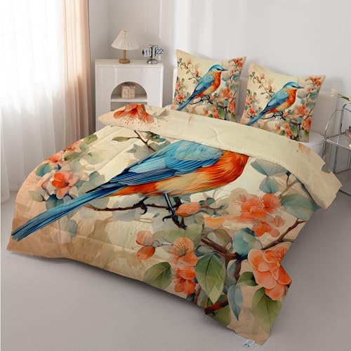 Boceoey Pájaro Azul Edredón Cama 90 Flores - Edredón Reversible 4 Estaciones de Microfibra, Diseño Acuarela Pájaro De Dibujos Animados, Suave Relleno Nórdico 180x220 cm y 2 Fundas de Almohada AX-532