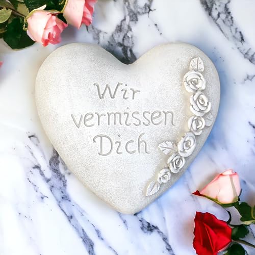 Radami Grabherz Gedenkstein - Wir vermissen Dich - Grabschmuck Grabdeko Trauerherz 10cm, Handarbeit - Handbemalt