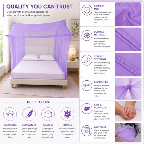 Image of BENAVJI Foldable Machardani Single Bed | Pure Cotton Mosquito net (Purple, 3.5FT X 6FT) | Strong, Breathable, Lightweight, Portable & Ideal for Daily Usage | Full Protection for Home & Travel