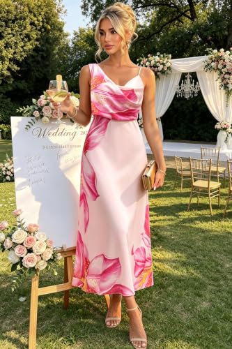 Image of Women's Summer Satin Dress Elegant Cowl Neck Adjustable Spaghetti Strap Wedding Guest Cocktail Party Maxi Dresses