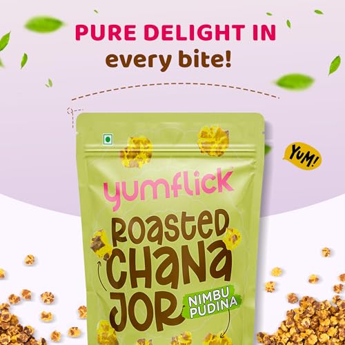 Image of Yumflick Roasted Chana Jor Nimbu Pudina Flavour | Pack of 2 x 180g | High Protein & Fibre | Roasted Not Fried | Gluten-Free | No MSG | No Palm Oil | Zero Cholesterol | Tangy Spicy Anytime Snack
