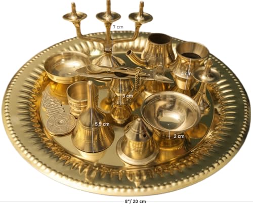 Image of Brass Ashtamangalya Pooja Set with Decorative Thali, Traditional Hindu Worship Kit, 10 inch, Gold (10 inch)