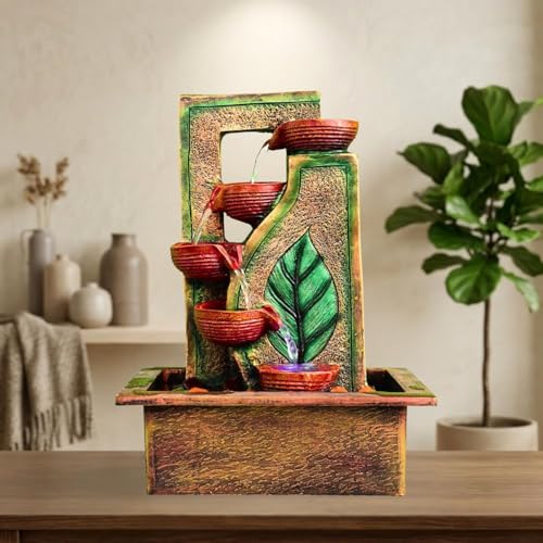 Image of Indoor Tabletop Water Fountain, Polyresin Cascading Waterfall Showpiece with Running Water and Light, Decorative Fountain for Home, Office, Living Room, Meditation, Vastu, Desk Decor