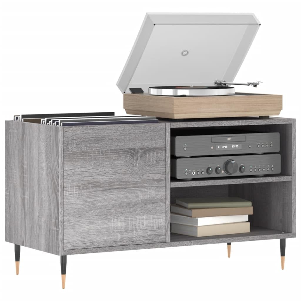 Armadio per dischi grigio Sonoma, 85 x 38 x 48 cm, scaffale in vinile | Tavolo per giradischi industriale con gambe in ferro per il soggiorno, ideale come mobile fonofonico e organizer per LP