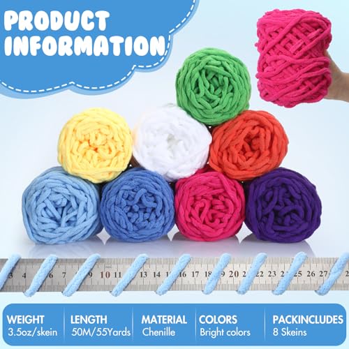 Image of Buryeah Chunky Chenille Yarn for Crocheting Soft Thick Fluffy Yarn for Hand Knitting Bulky Velvet Blanket Plush for Weaving DIY Crafts Each 3.5 oz 55 Yards(Bright Colors,8 Pack)