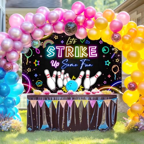 Avezano Bowling Birthday Backdrop Let's Strike up Some Fun Bowling Party Decorations Banner Neon Glow Birthday Supplies (6x3.6ft) by Avezano - Used condition - Image 5