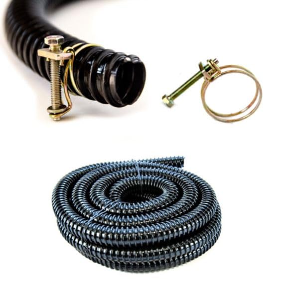 Pisces 5m Black Corrugated Hose with Double Wire Clips, 32mm Internal Diameter Pond PVC Hosing