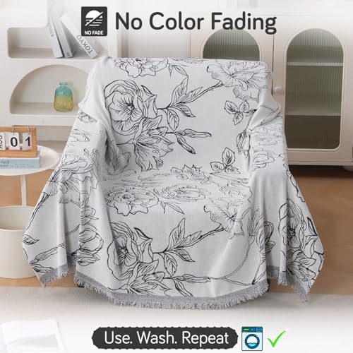 Image of HOKIPO Printed 320 GSM Chenille Sofa Cover Throw Blanket for 1 Seater Sofa - All Season, 'Serene Abode Series' White Rose Garden (180x180 cm) (AR-6631-D1)
