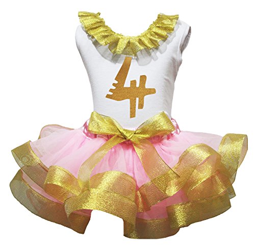 Image of Petitebella Bling Gold 1 to 6 White Shirt Pink Gold Petal Skirt Outfit