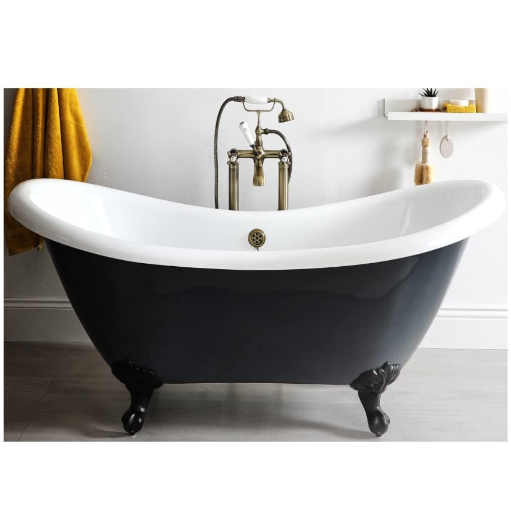 Milano Hest Stone Grey 1750mm x 730mm Double Ended Freestanding Slipper Bath Black Feet