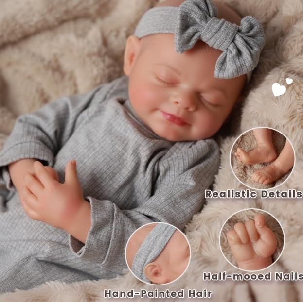 JIZHI Sleeping Reborn Baby Doll Girl, 17 Inch Realistic Full Vinyl Body Newborn Doll with Outfit & Accessories - Image 3