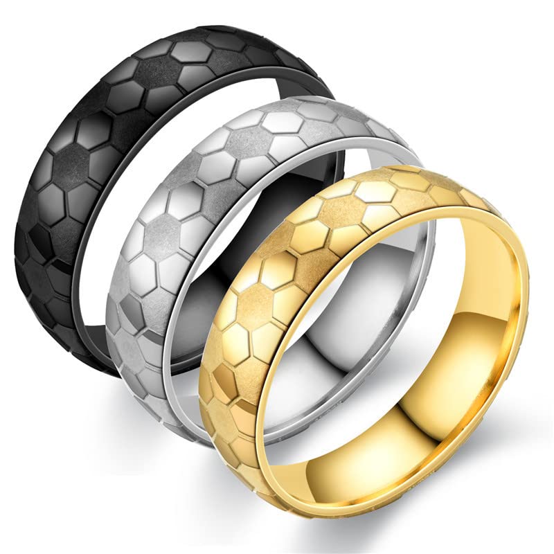 Image of 6mm Unisex Soccer Pattern Signet Matte Finished Ring | Stainless Steel, Dome Simple Hip Hop Punk, Football Sport Jewelry, Comfort Fit Band