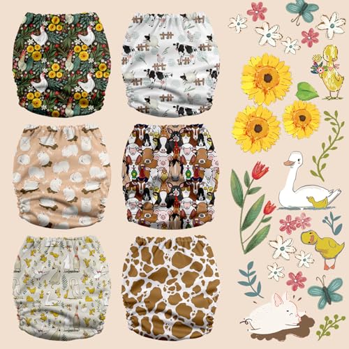 Mama Koala 3.0 Cloth Diapers for Babies with AWJ Lining, 6 Pack with 6 5-Layer Natural Cloth Diaper Inserts - Reusable and Washable Pocket Diapers(A-The Farm Story)