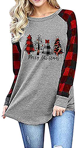 Merry Christmas T Shirt Plaid Leopard Christmas Tree Graphic Shirt Buffalo Splicing Long Sleeve Baseball Tshirt Top(Grey,L)