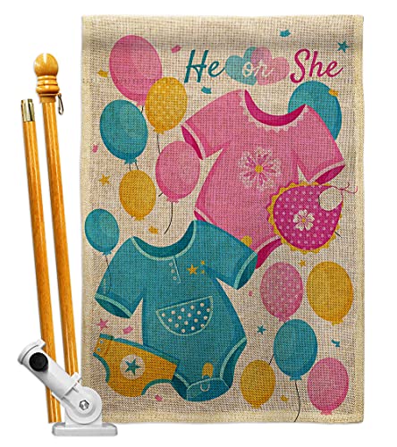 Breeze Decor He Or She Burlap House Flag Set Celebration New Born Baby Shower Boy Girl Occasion Anniversary Party Decoration Banner Small Garden Yard Gift Double-Sided, Made in USA