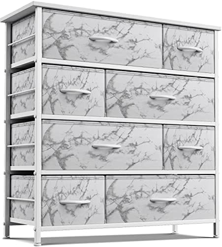 Sorbus Dresser for Bedroom with 8 Drawers - Tall Chest Storage Tower Unit, for Closet, Hallway, Nursery, Entryway Organization - Steel Frame, Wood Top (Marble White – White Frame)