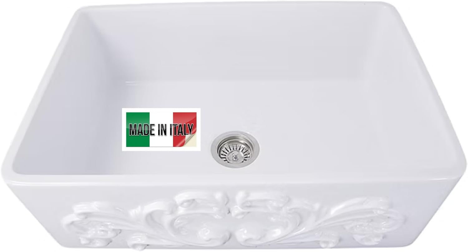 Nantucket Sinks Farmhouse Sink – 33 Inch White Apron Farm Kitchen Sink, Single Bowl, Undermount, Filigree, Handmade in Italy – Easy Clean, Scratch Resistant – Vineyard FCFS3320S-Filigree