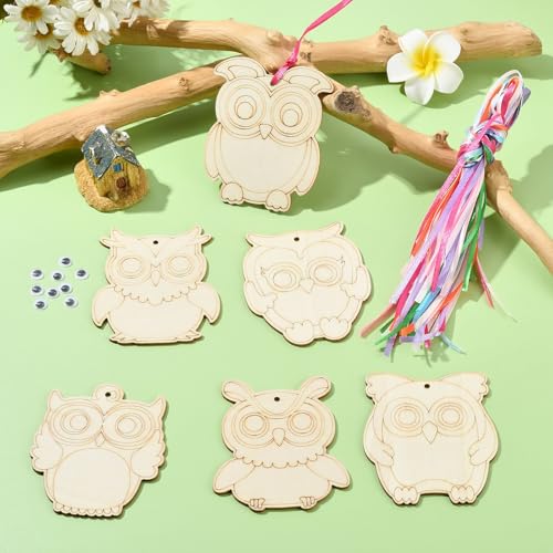 LiQunSweet 100 peças de berloques de madeira com tema de coruja fofa inacabada floresta animal pássa